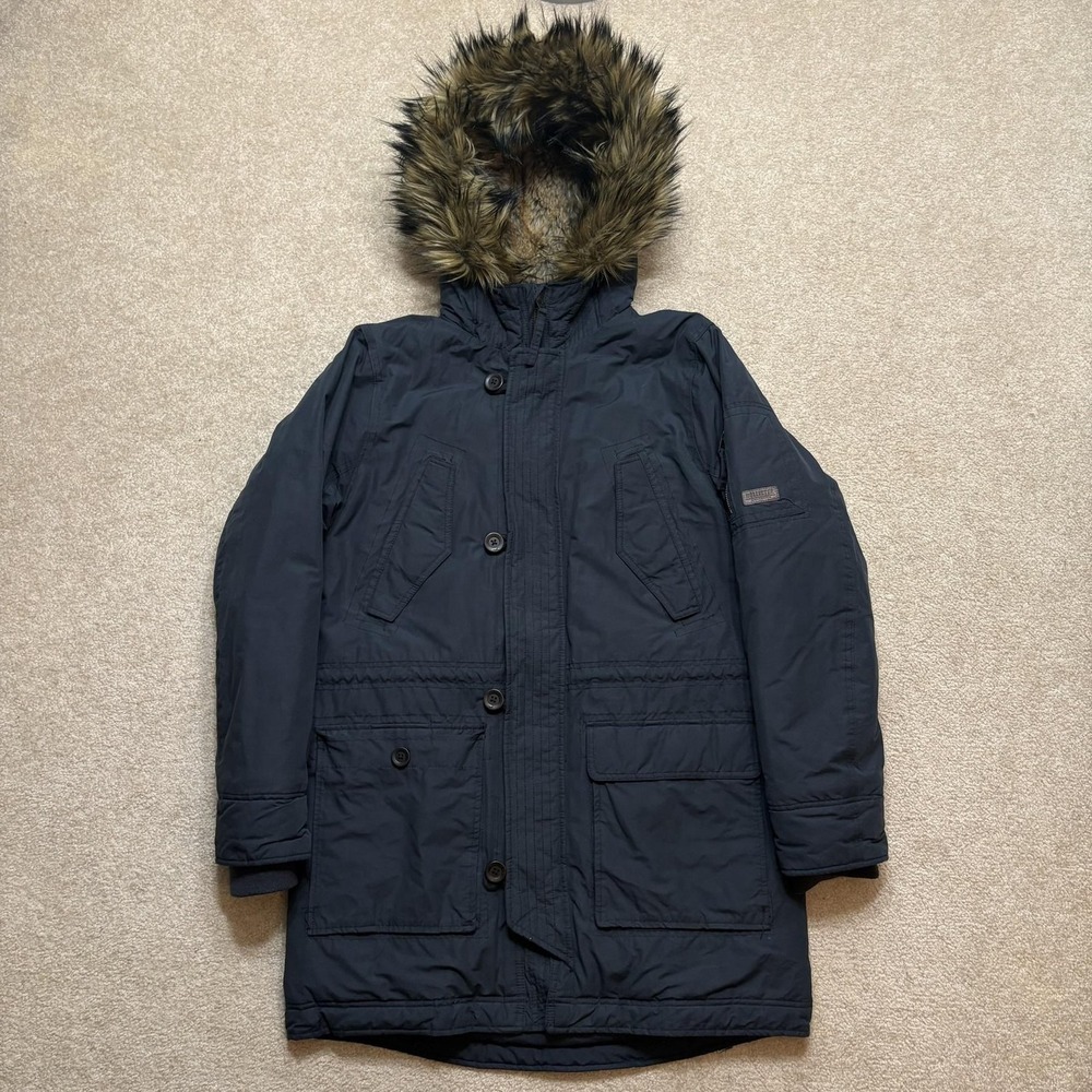 Y2K Hollister Faux Fur Hooded Jacket Mens Medium Blue Quilted Teddy Fur Parka